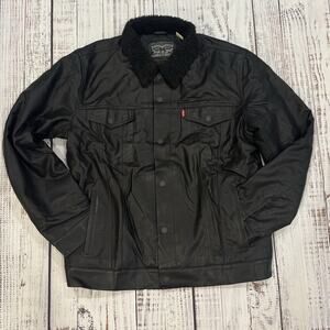 Levi’s Faux Leather Trucker Jacket Men’s XL Black Sherpa Collar Snap Moto